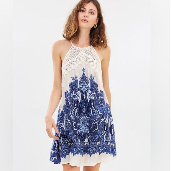 Free People Dresses & Skirts - Free People Shea Mini Dress Blue Cream Size XS Boho Festival Swing Slip